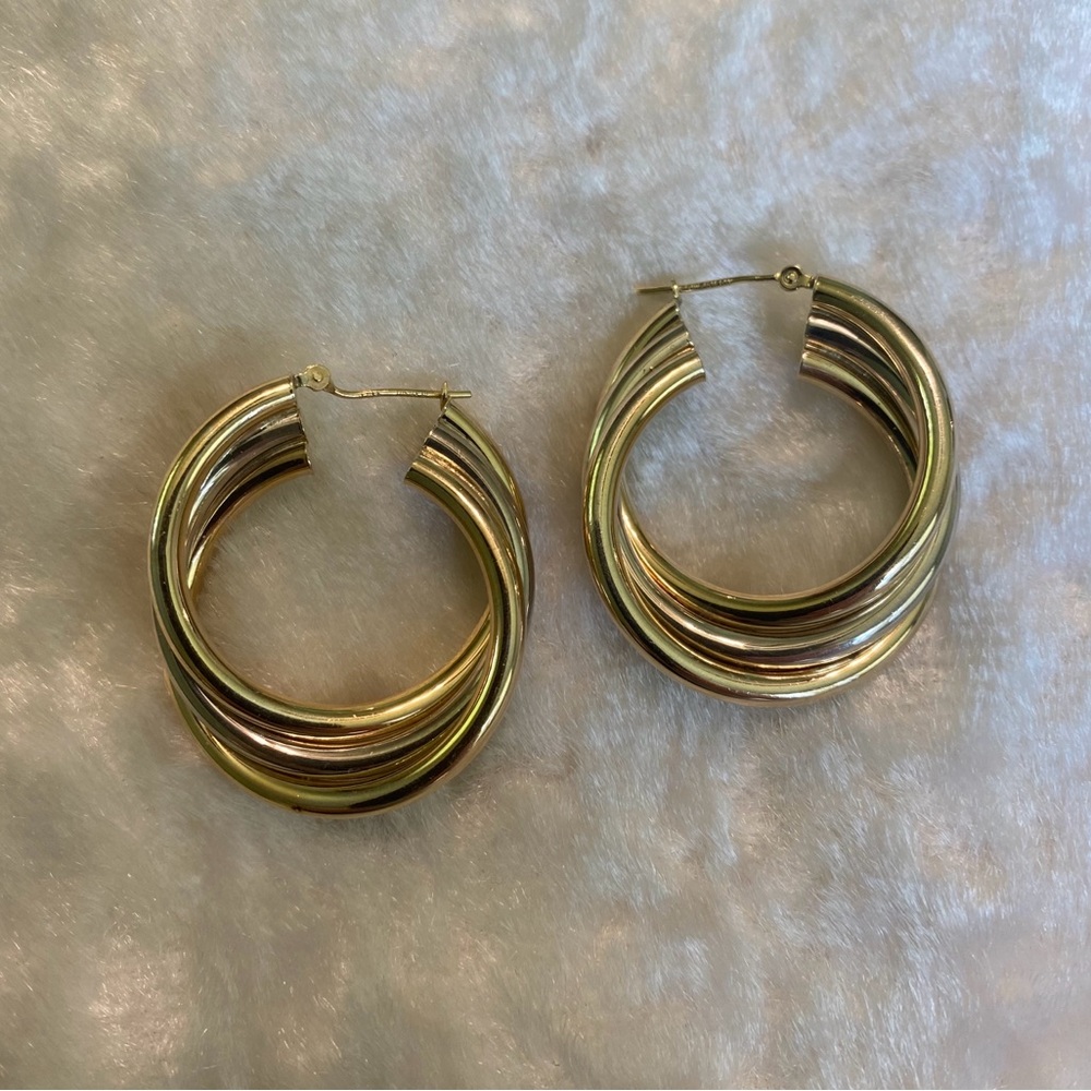 ☘️925 1/15 14K AU Gold & Silver Triple Hoop Earrings